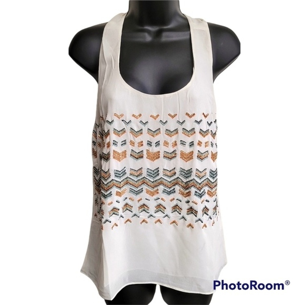 Greylin Off White Sleeveless Beaded Chevron Racer Back Tank Top Size Medium